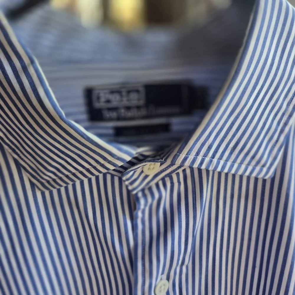 Polo Ralph Lauren Blue White Vertical Stripe 100% Cotton Dress Shirt Neck 17.5